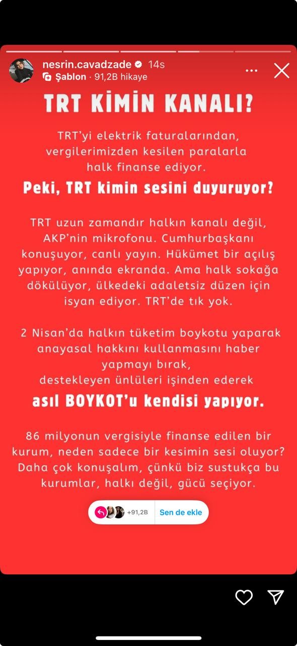 ""TRT" uzun müddətdir xalqın kanalı deyil" - Nəsrin də etirazlara qoşuldu